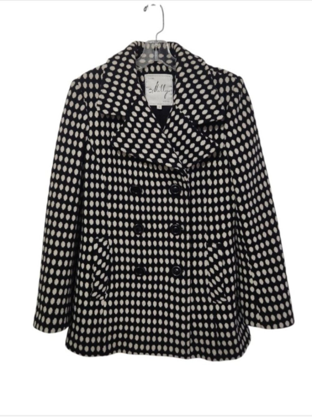 Milly of New York Wool Geo Dot Double-Breasted Peacoat Pea Coat Jacket